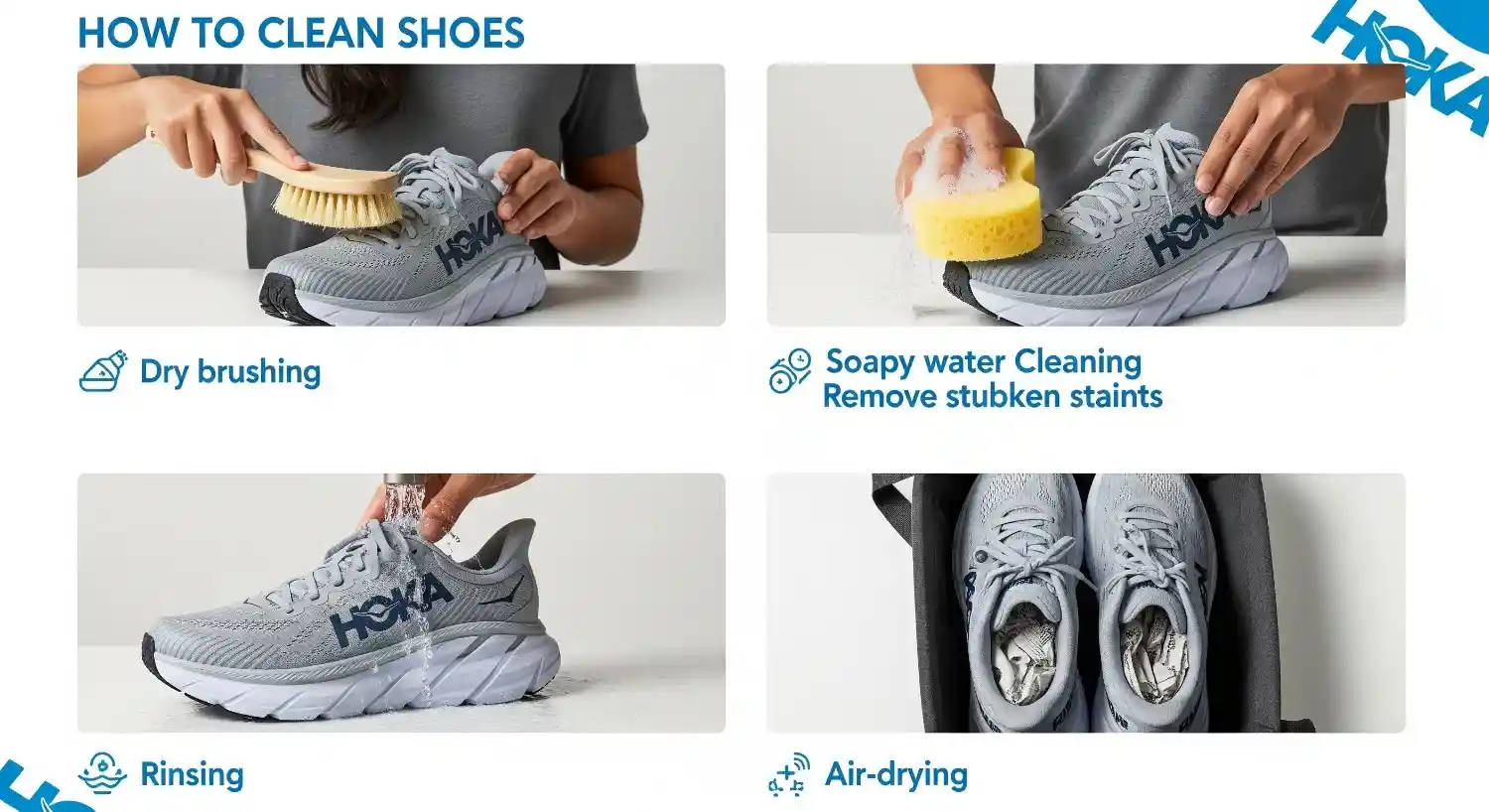 Step-by-step guide to cleaning Hoka shoes with a brush, soap, and air-drying for lasting care.